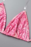 Pink Sexy Print Bandage Backless Spaghetti Strap Sleeveless Two Pieces