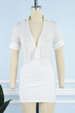 White Sexy Solid Patchwork V Neck Shirt Dress Dresses