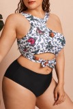 Multicolor Sexy Butterfly Print Hollowed Out Frenulum O Neck Plus Size Swimwear (With Paddings)