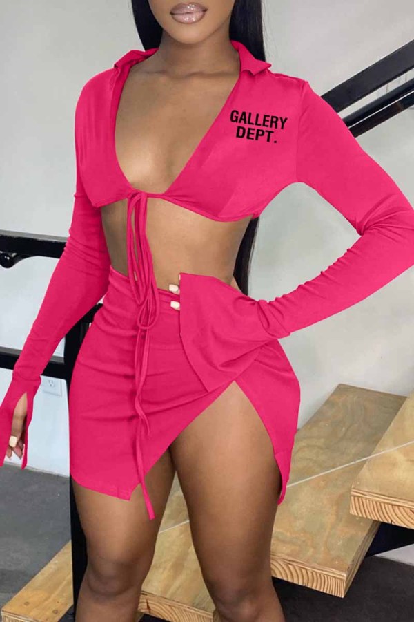 Rose Red Sexy Street Print Bandage Letter Turndown Collar Long Sleeve Two Pieces