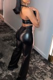 Black Sexy Casual Solid Hollowed Out Backless Halter Sleeveless Two Pieces