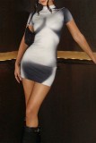 Blue Casual Print Basic Half A Turtleneck Short Sleeve Dress