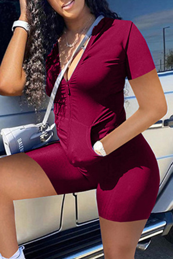 Burgundy Casual Solid Basic Zipper Collar Short Sleeve Two Pieces