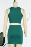 Ink Green Sexy Solid Patchwork Slit O Neck Sleeveless Two Pieces