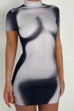 Blue Casual Print Basic Half A Turtleneck Short Sleeve Dress