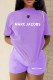 Purple Casual Print Letter O Neck Short Sleeve Two Pieces