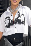 White Casual Street Print Patchwork Buckle Turndown Collar Tops