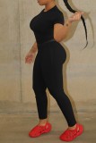 Black Casual Sportswear Solid Basic O Neck Short Sleeve Two Pieces