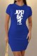 Blue Casual Print Letter O Neck One Step Skirt Dresses