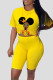 Yellow Brown Casual Print Patchwork O Neck Short Sleeve Two Pieces