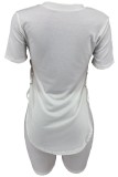 White Casual Letter Print Frenulum O Neck Short Sleeve Two Pieces