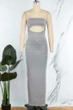 Grey Sexy Solid Hollowed Out Backless Strapless Long Dress Dresses