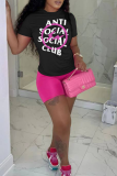 Black Casual Print Patchwork Letter O Neck Short Sleeve Two Pieces
