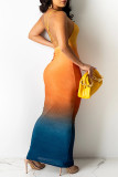 Lemon Yellow Fashion Sexy Gradual Change Print Backless Spaghetti Strap Sleeveless Dress Dresses