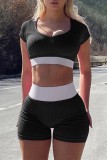 Pink Casual Sportswear Patchwork Contrast O Neck Short Sleeve Two Pieces