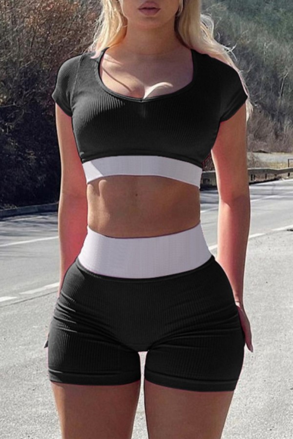 Black Casual Sportswear Patchwork Contrast O Neck Short Sleeve Two Pieces
