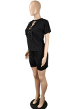 Black Casual Solid Bandage Hollowed Out Patchwork O Neck Short Sleeve Two Pieces