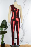 Red Casual Solid Backless Oblique Collar Skinny Jumpsuits