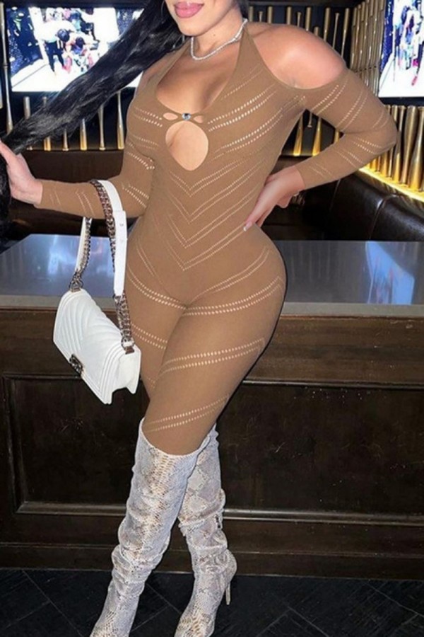 Brown Sexy Solid Hollowed Out Backless Halter Skinny Jumpsuits