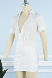 White Sexy Solid Patchwork V Neck Shirt Dress Dresses