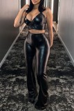 Black Sexy Casual Solid Hollowed Out Backless Halter Sleeveless Two Pieces