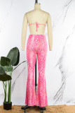 Pink Sexy Print Bandage Backless Spaghetti Strap Sleeveless Two Pieces