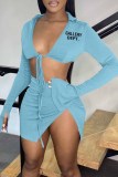 Pink Sexy Street Print Bandage Letter Turndown Collar Long Sleeve Two Pieces