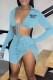 Sky Blue Sexy Street Print Bandage Letter Turndown Collar Long Sleeve Two Pieces