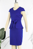 Royal Blue Elegant Solid Patchwork With Bow V Neck One Step Skirt Dresses