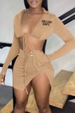 Pink Sexy Street Print Bandage Letter Turndown Collar Long Sleeve Two Pieces