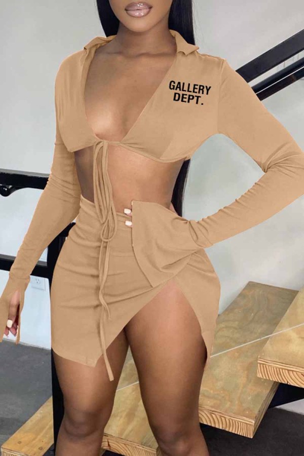 Khaki Sexy Street Print Bandage Letter Turndown Collar Long Sleeve Two Pieces