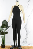 Black Sexy Casual Solid Backless O Neck Skinny Jumpsuits