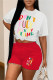 Red Casual Print Patchwork O Neck Short Sleeve Two Pieces
