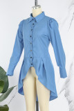 Royal Blue Casual Solid Patchwork Asymmetrical Shirt Collar Tops