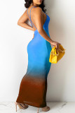 Lemon Yellow Fashion Sexy Gradual Change Print Backless Spaghetti Strap Sleeveless Dress Dresses
