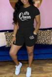 Red Casual Letter Print Basic O Neck Short Sleeve Two Pieces