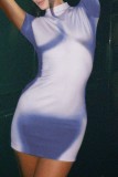 Blue Casual Print Basic Half A Turtleneck Short Sleeve Dress