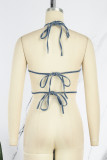Blue Sexy Patchwork Rivets Bandage Backless Halter Tops