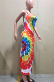 Multicolor Sexy Print Tie Dye Patchwork Spaghetti Strap One Step Skirt Dresses