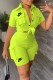 Fluorescent Green Casual Print Letter Turndown Collar Short Sleeve Two Pieces