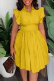 Yellow Casual Sweet Solid Patchwork Fold Turndown Collar A Line Dresses