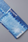 Blue Sexy Print Hollowed Out Patchwork Half A Turtleneck Long Sleeve Two Pieces