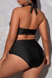 Black Sexy Solid Bandage Hollowed Out Backless Halter Plus Size Swimwear (With Paddings)