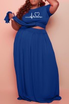 Blue Casual Bandage O Neck Plus Size Two Pieces