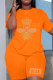Orange Yellow Casual Print Patchwork Hot Drill O Neck Plus Size Two Pieces