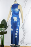 Blue Sexy Print Ripped O Neck Sleeveless Dress Dresses