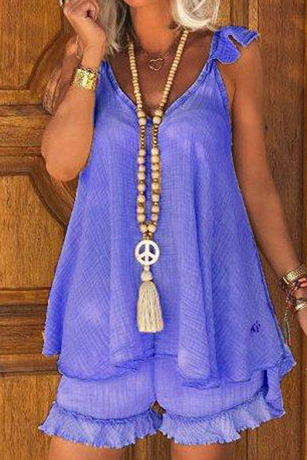Purple Casual Solid Patchwork V Neck Two Pieces