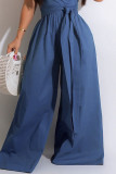 Blue Sexy Solid Bandage Patchwork Backless V Neck Straight Jumpsuits