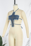 Blue Sexy Patchwork Rivets Bandage Backless Halter Tops