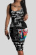 Matte Black Casual Street Print Patchwork U Neck Pencil Skirt Dresses
